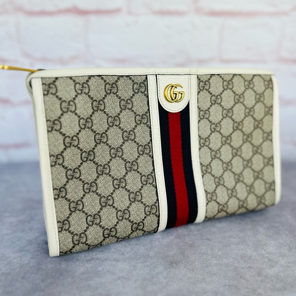 Gucci Beige and Red Monogram Clutch - Picture 1 of 10